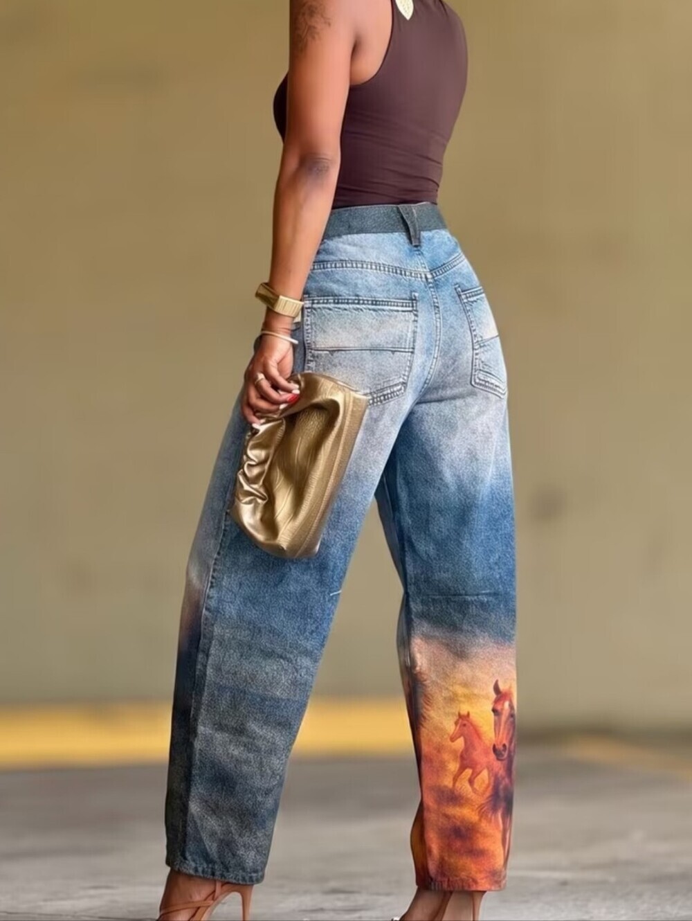 Jeans, High Waist Loose Straight Vintage Washed Denim Trousers, Horse Print - Picture 4 of 4